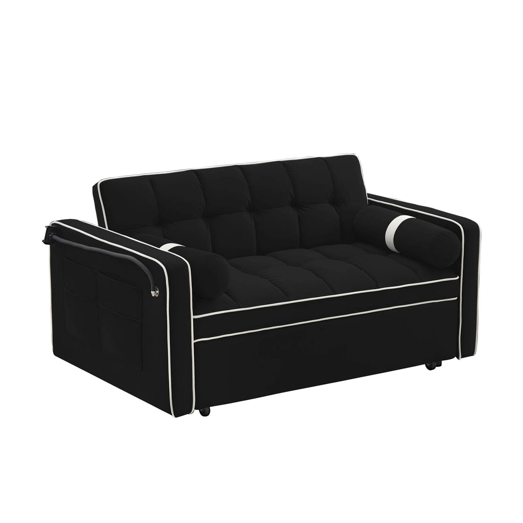 Velvet Convertible 55 2-Seater Sleeper Sofa with Pull-Out Bed, Adjustable Recline, Side Pockets, and Phone Holder