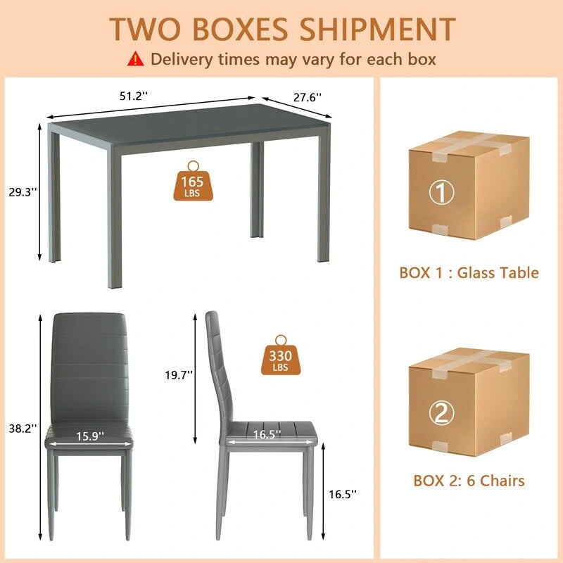 Grondin Modern Style 7-Piece Dining Room Table Set with Tempered Glass Tabletop and 6 PU Leather Upholstered Chairs