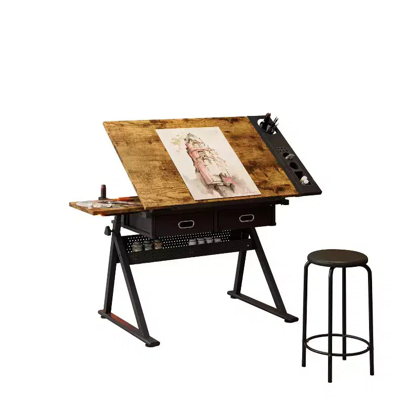 Adjustable drawing drafting table desk with 2 drawers for home office and school with stool(brown)