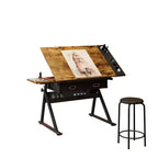 Adjustable drawing drafting table desk with 2 drawers for home office and school with stool(brown)