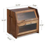 Bread Box, Double Layer Acacia Wooden Bread Bin with Clear Acrylic Door Panel, Air Vents, Countertop Bread Container, Rustic Brown Bread Holder