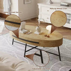 Oval Coffee Table with Drawer Mid-Century Modern Center Table 47.2 Wooden Coffee Table with Storage and Cross Metal Legs Curved Design