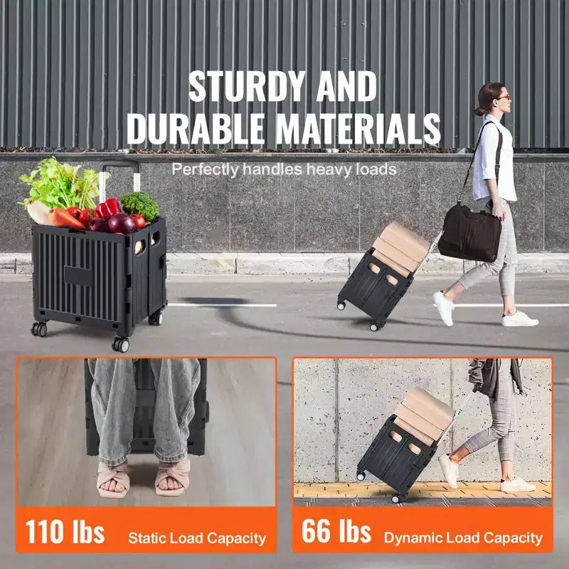 Foldable Utility Cart, 110 lbs Load Capacity, Folding Portable Rolling Crate Handcart with Heavy Duty Telescoping Handle and 4 Rotate Wheels