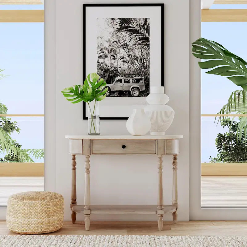 Marble Top Console Table ¨C Light Brown / Grey / Washed Black, Demilune, 1-Person Assembly