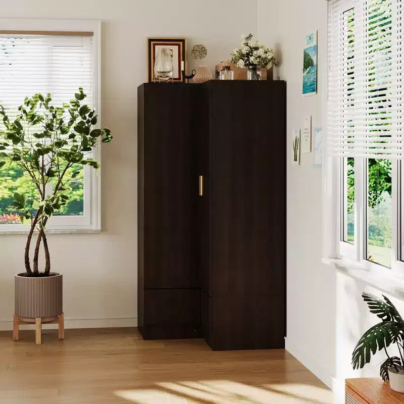 Hitow Minimalist Armoire Corner Wardrobe Double Door and Drawer Designs