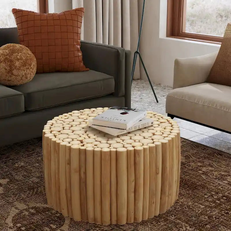 Round Natural Brown Solid Teak Wood Branch Bundle Coffee Table by East at Main