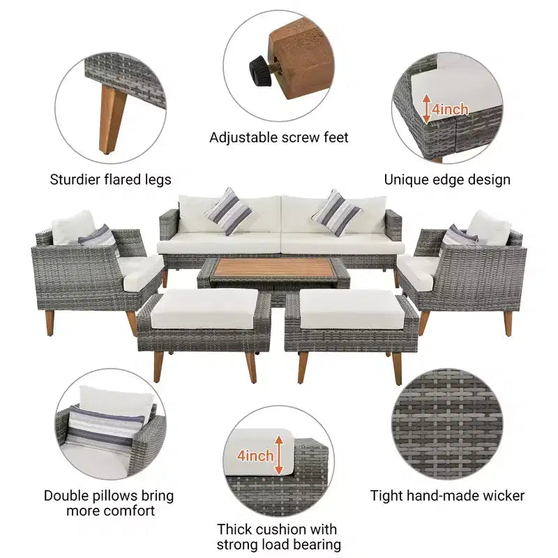Whisen 6-Pieces All Weather PE Wicker Sofa Set, Outdoor Rattan sofa With Double Cushions