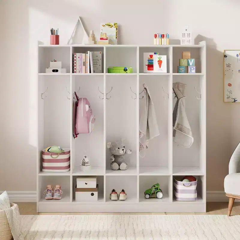 5-Section Classroom Coat Locker with 10 Cubbies, Cubby Storage Organizer with 10 Hooks for Home, School, Nursery, Kindergarten