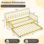 Costway Twin Size Metal Daybed with Trundle Space-Saving Sofa Bed Lockable Wheels Gold
