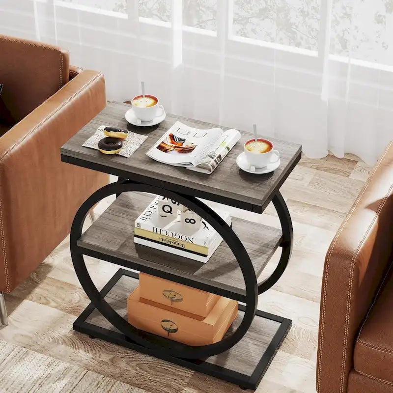 Narrow End Table with 3 Storage Shelves, Wood Side Table for Living Room
