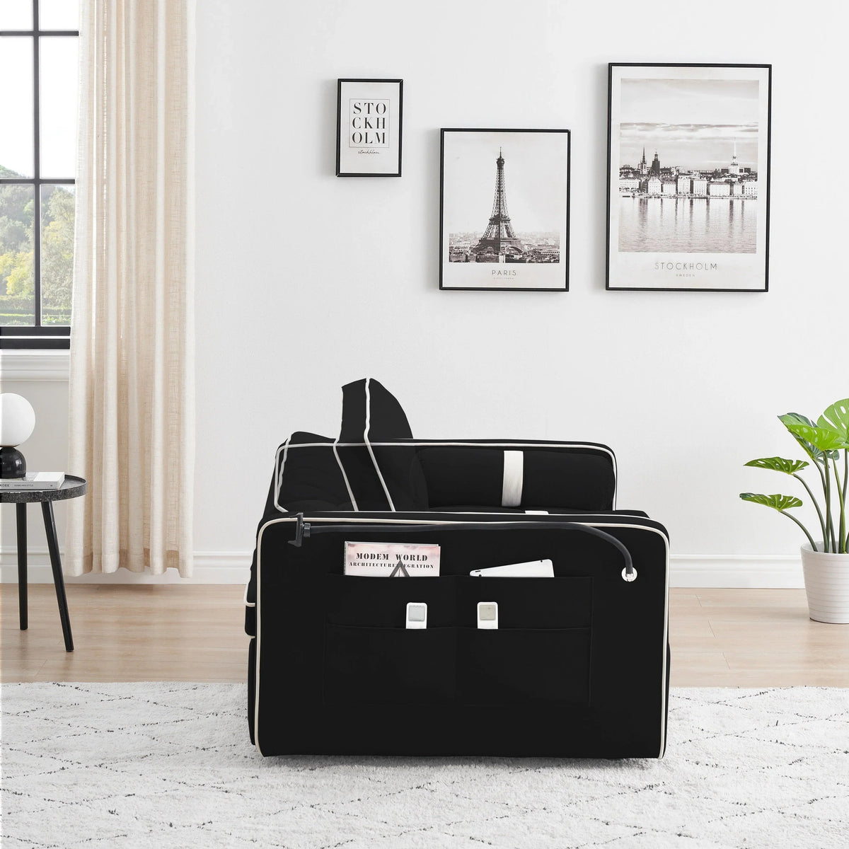 Velvet Convertible 55 2-Seater Sleeper Sofa with Pull-Out Bed, Adjustable Recline, Side Pockets, and Phone Holder