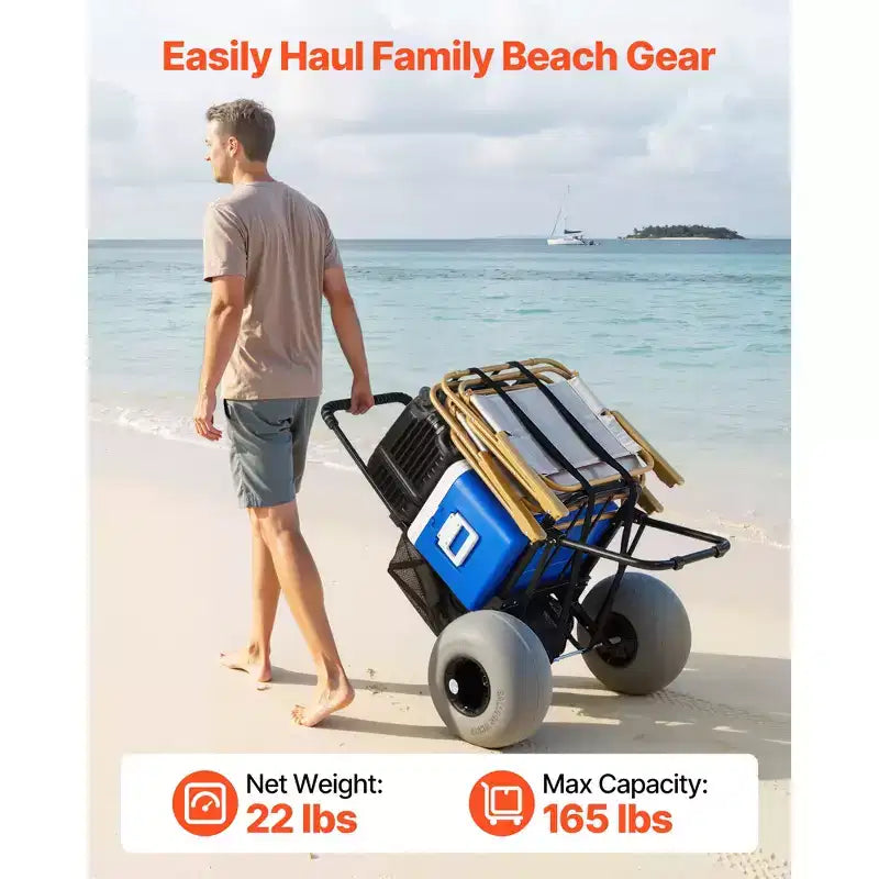 VEVOR Beach Dolly with Big Wheels for Sand, 18 x 15 Cargo Deck, Folding Sand Cart with 12 Balloon Wheels, 165 lbs Loading Capacity, Black