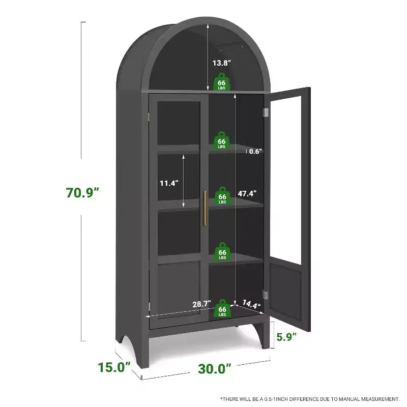 71 Tall Arched Storage Cabinet with 2 Acrylic Doors and Shelves for Living Room