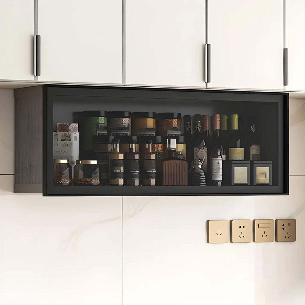 Grey Metal Floating Mounted Glass Kitchen China Cabinet