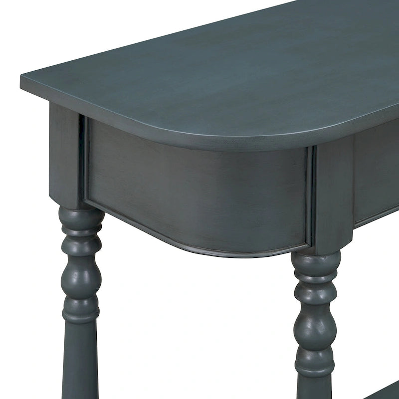 Retro Narrow Console Table with Curved Corner, Top Drawer & Open Shelf