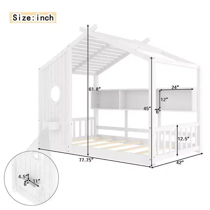 Twin Size Floor House Bed, Kids Montessori Playhouse Bed with Storage Shelf and Roof Design