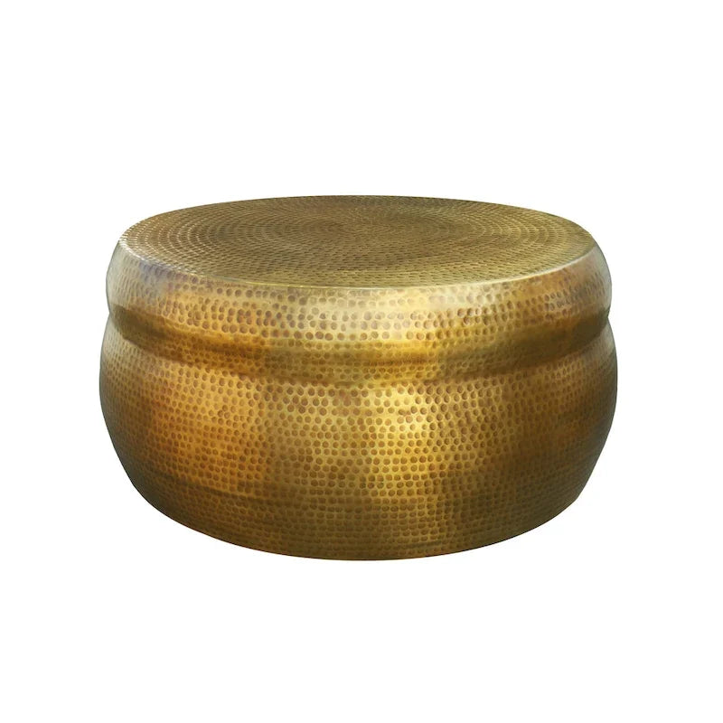 32 Inch Artisanal Round Drum Coffee Table, Hammered Embossed Texturing, Aluminum, Antique Brass