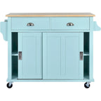 Kitchen Cart with Rubber wood Drop-Leaf Countertop, Concealed sliding barn door adjustable height