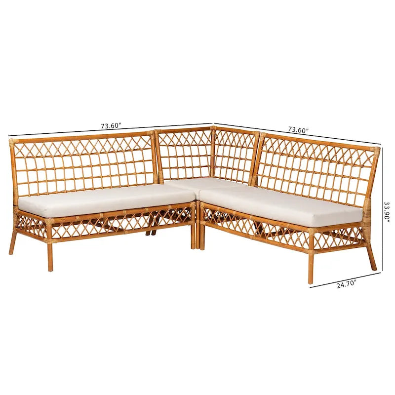 Capella Modern Bohemian Honey Rattan 3-Piece Dining Nook Banquette Set