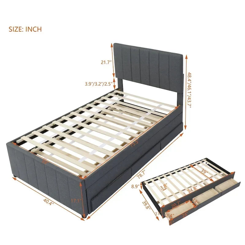 Twin Size Upholstered Platform Bed with Trundle and 3 Drawers, Linen Fabric