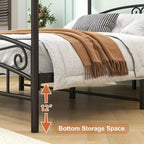 Queen Size Canopy Metal Bed Frame with Vintage Headboard and 12.4 Under-Bed Storage