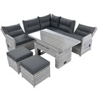 Outdoor Rattan Furniture Set with Adjustable Table, Recliners and 2 Ottomans