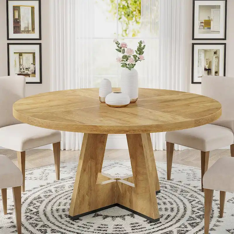 47 Inch Round Dining Table for 4, Wood Farmhouse Dinner Dinning Table for Kitchen Dining Living Room