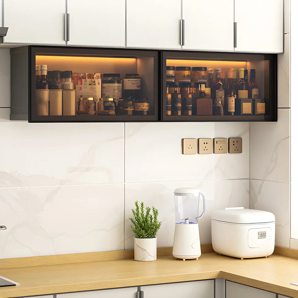 Grey Metal Floating Mounted Glass Kitchen China Cabinet