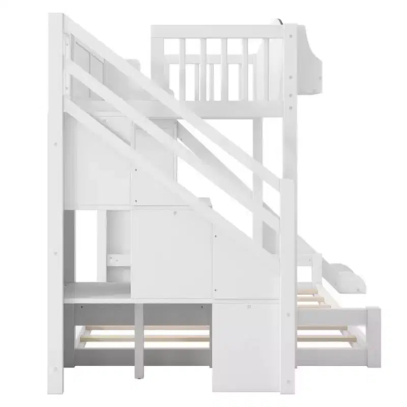 Twin over Full Bunk Bed with Slide, Shelves, Storage Staircase and Wardrobe for Kids Room