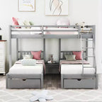 Full Over Twin & Twin Bunk Bed for 3, Wooden Triple Bunk Bed with 2 Storage Drawers, can be Divided into 3 Separate Beds