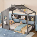 Twin Size Floor House Bed, Kids Montessori Playhouse Bed with Storage Shelf and Roof Design