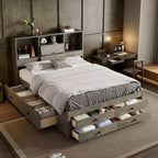 Queen/King Size Platform Bed Pine Wood Bed Frame with Storage Headboard and 8 Drawers