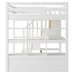 Natural+White Full Solid Wood Loft Bed with Desk & Drawers