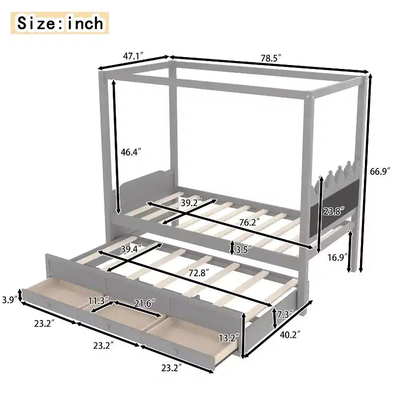 Twin/Full Size Platform Bed with Trundle, Princess Wood Canopy Bed with 3 Drawers, Storage Bed with Upholstered Headboard for Bedroom