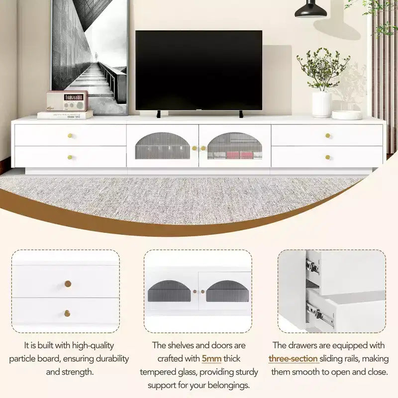 TV Stand for 95 TV, Extra Long Media Console with 2 Doors & 4 Drawers, Large TV Storage Cabinet Entertainment Center with Fluted Glass Doors