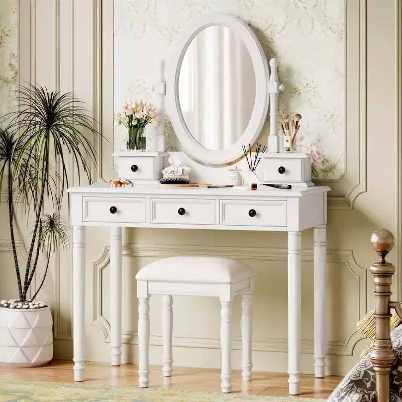 Okak Vintage Wooden Makeup Vanity with Adjustable Angle Mirror, Vanity Table with 5 Drawers and Cushioned Stool, Vanity Desk for Bedroom