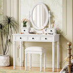 Okak Vintage Wooden Makeup Vanity with Adjustable Angle Mirror, Vanity Table with 5 Drawers and Cushioned Stool, Vanity Desk for Bedroom