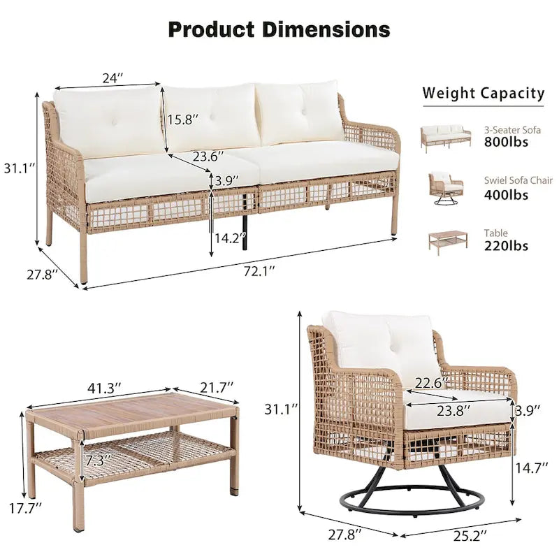4-Pieces Outdoor Rattan Conversation Sofa Set with Swivel Chairs and Coffee Table