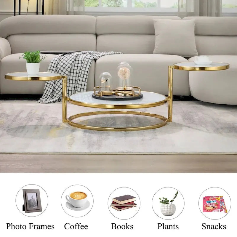 Round Tempered Glass Coffee Table with 3 Tiers 360 Degrees Rotating Top