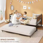 Twin Size Daybed with Trundle, Metal Frame with Wavy Wood Grain Headboard, Lockable Casters, Space-Saving Sofa Bed, No Box Spring Needed