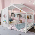 Twin Size Floor House Bed, Kids Montessori Playhouse Bed with Storage Shelf and Roof Design