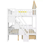 Whisen Twin Size Bunk Bed with Window Door and Roof, Storage Drawers and Staircase
