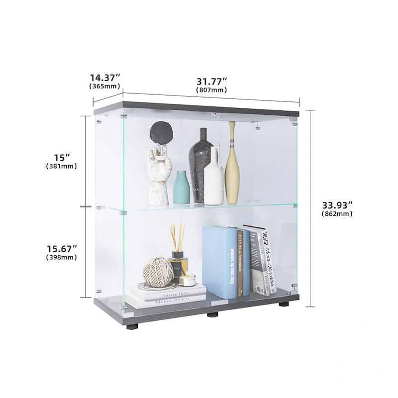 Two-door Glass Display Cabinet 2 Shelves with Door