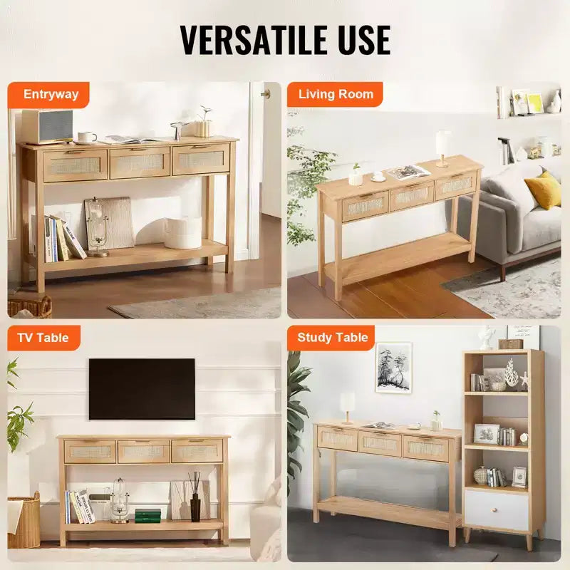 VEVOR Rattan Console Table with 3 Storage Drawers, Rattan Entryway Table with Natural Rattan Sliding Door, Console Sofa Table, Natural
