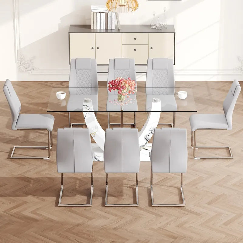 Modern Tempered Glass Dining Table Set with U-shaped Marble Pattern Base and PU Upholstered Chairs