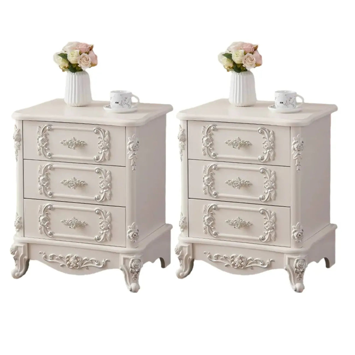 Traditional White Wood Carved 3-Drawer Nightstand