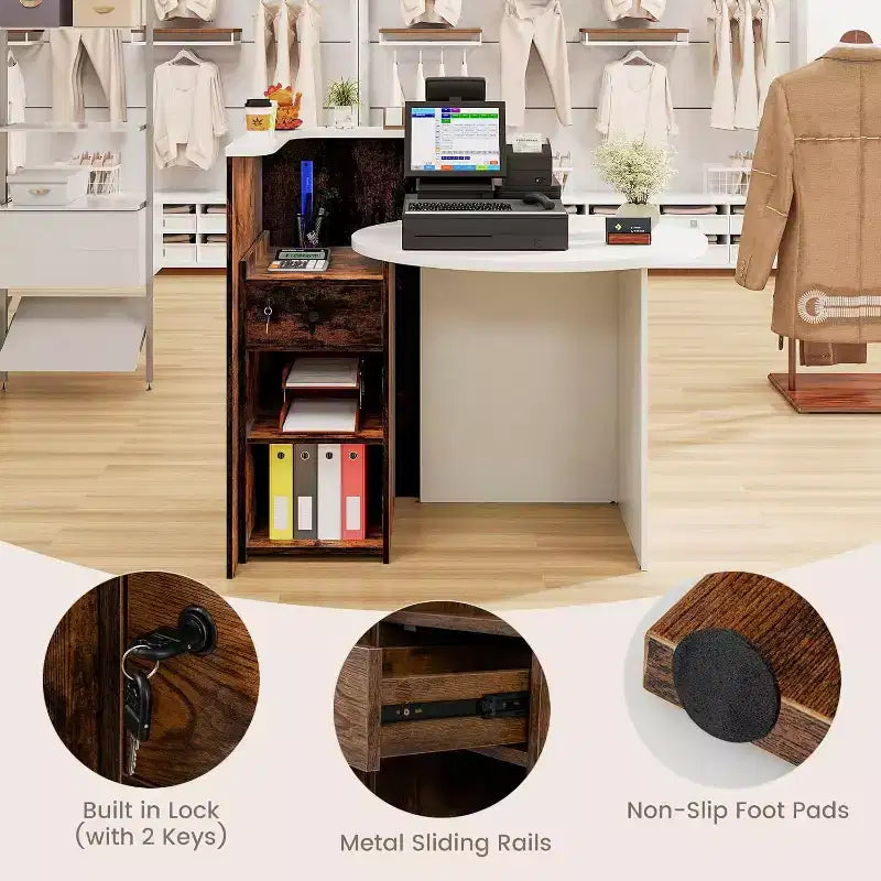 Costway Front Reception Counter Desk Checkout Office Desk with Open Shelf & Lockable Drawer White/Brown/Black