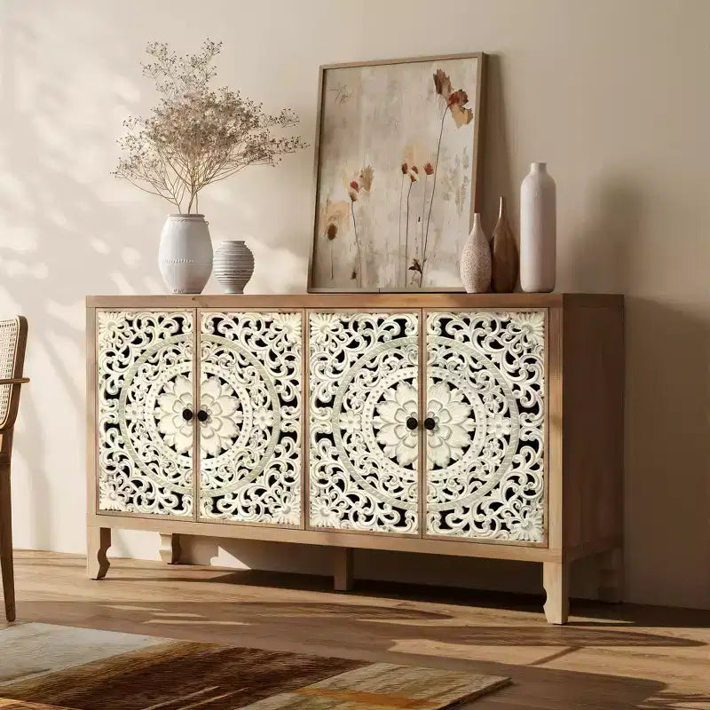 Buffet Cabinet with Storage, Distressed Storage Cabinet with 4 Carved Doors and Adjustable Shelf, Wooden Accent Sideboard Buffet Cabinets