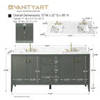 Vanity Art 72 Double Sink Bathroom Vanity Cabinet with Engineered Marble Top