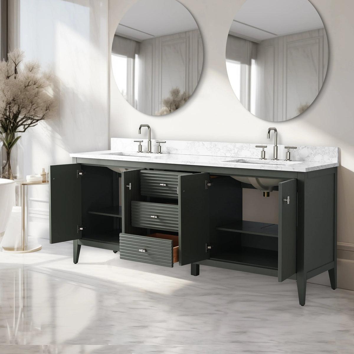 Vanity Art 72 Double Sink Bathroom Vanity Cabinet with Engineered Marble Top
